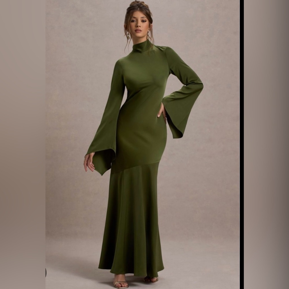 Club L London Veena Olive Green Flare Long Sleeve Dress